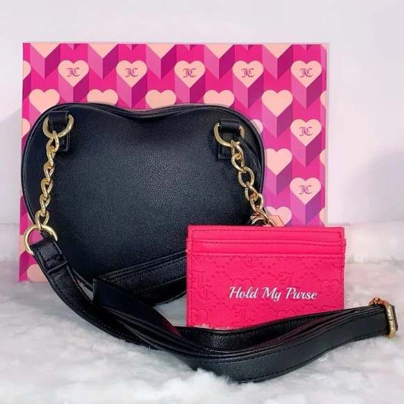 Juicy Couture Faux Fur Black Heart Crossbody Bag & Pink Card Case Wallet Set - Picture 6 of 11